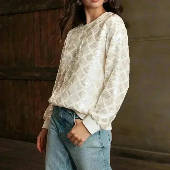 Beige Casual Women's Studded & Sequin Embellished Round Neck Loose Fit - Picture 3 of 7